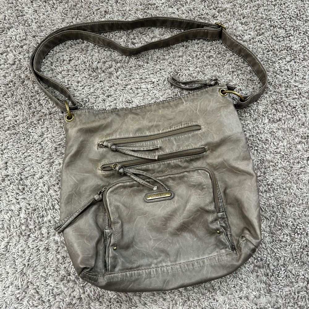 Stone & Co Taupe Gray Faux Leather Multi Pocket Crossbody Bag‎ Hobo Messenger